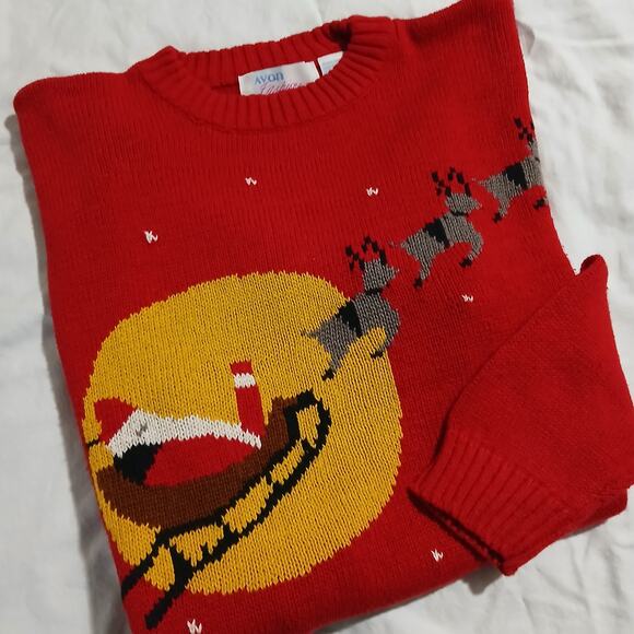 VTG AVON Fashions Women's Med Santa w/Sleigh Sweater Red/Black Ribbed Crew Neck - Picture 3 of 14